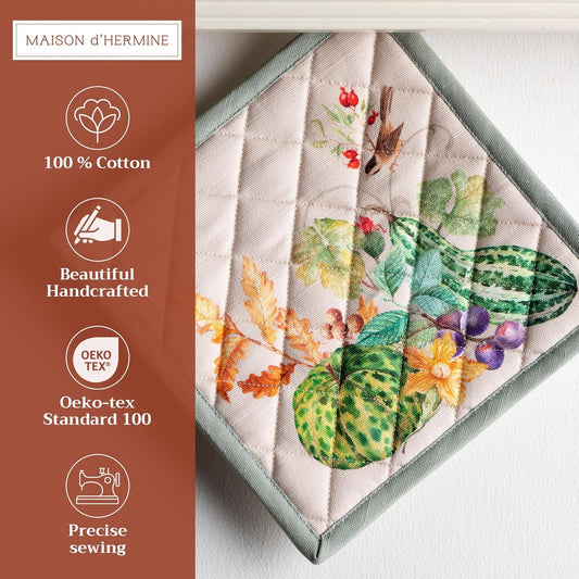 Maison d' Hermine Pot Holders Set 100% Cotton Heat Resistant Potholders 8" x 8" Hot Pads with Loop BBQ, Cooking, Baking, Grilling, Kitchen, Handling Hot Pans (Pack of 2, Lumina)