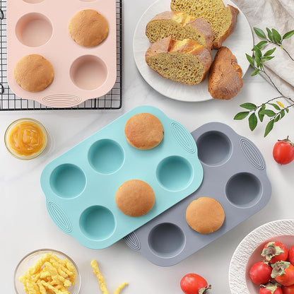 Silicone Muffin Pan, Food Grade Silicone Cupcake Molds for Baking Muffins and Cupcakes, 6-Cup Nonstick Cupcake Pan, Easy Cleaning and BPA-Free (Gray, Orange, Blue)