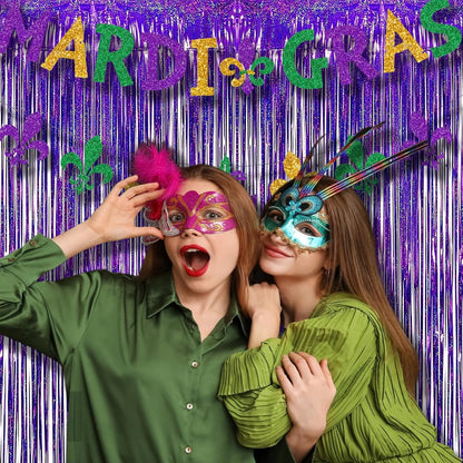 BRAVESHINE Purple Tinsel Foil Fringe Curtains - 2Pcs 3.2x8.2ft Metallic Holidays Photo Backdrop for Halloweens Birthdays Valentine's Bridal Shower Bachelorette Anniversary Engagement Party Supplies