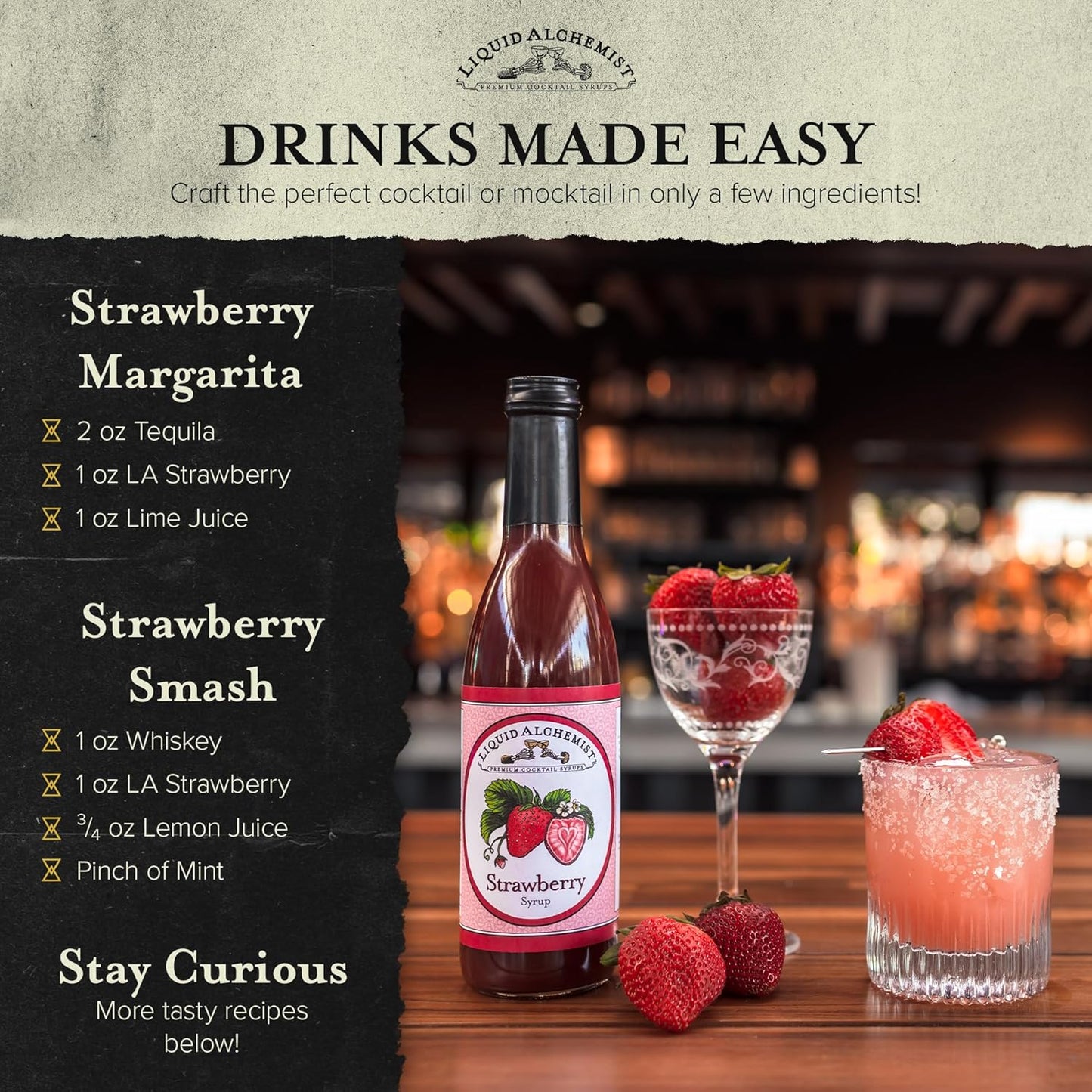 Liquid Alchemist Strawberry Syrup for Drinks - Real Ingredients Make our Strawberry Puree for Drinks a Perfect Margarita Mix - Our Flavored Syrup is Gluten & Dairy Free (25 oz)