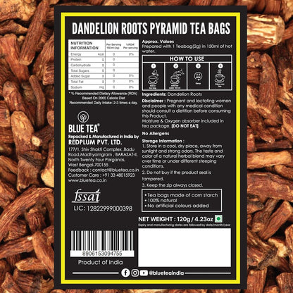 BLUE TEA - Dandelion Root Tea - 60 Count - Pyramid Plant Based Tea Bag | Support Kidney Function and Healthy Digestion | Detox Tea | Herbal Tea - Caffeine Free - Non-Bitter - Mild Flavor | Zipper Pack