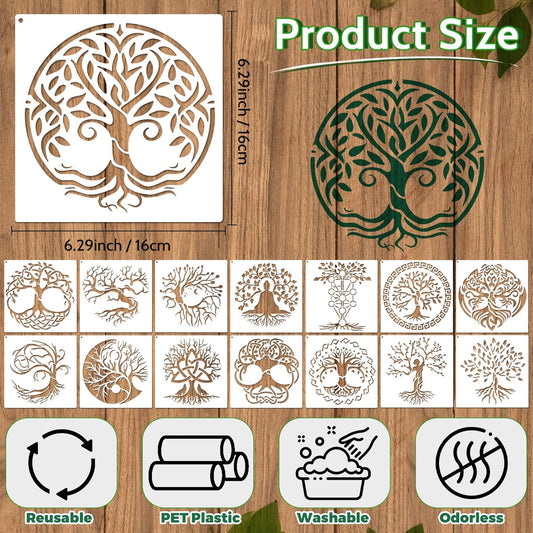 Yazhiji 15Pcs 6 x 6 Inch Tree of Life Stencil, Reusable Stencils for Painting on Wood Decoration Painting Templates for Wall Floor DIY Decorations Christmas Gifts for Kids