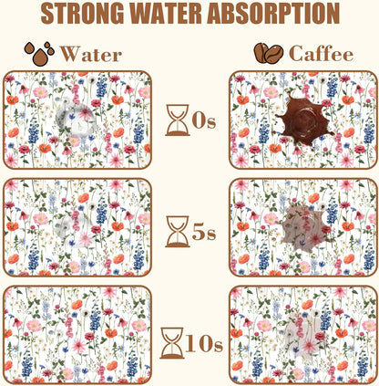 Watercolor Flowers Coffee Mat Absorbent Dish Drying Mat for Kitchen Counter Hide Stain Rubber Backed Coffee Bar Accessories Fit Under Espresso Machine Dish Rack 11.8 x 19.7 Inch