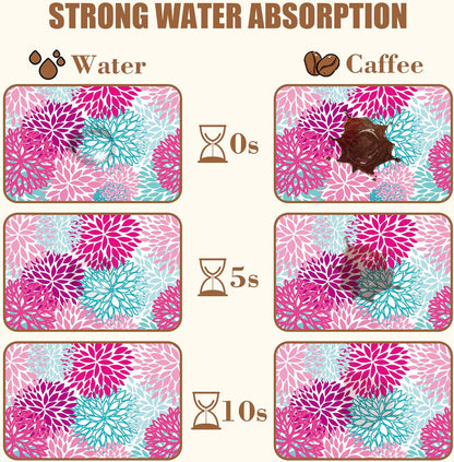 Pink Blue Chrysanthemum Flowers Dish Drying Mat for Kitchen Counter Coffee Bar Mat Hide Stain Absorbent Rubber Backed Drying Rack Pad Espresso Machine Coffee Bar Accessories 15.7 x 23.6 Inch