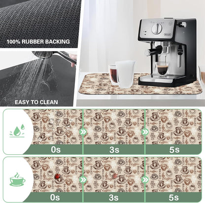 Doodle Coffee Cup Dish Drying Mat,12"X19" Absorbent Fast Dish Drying Mat for Kitchen Counter Pot and Pan, Kitchen Accessories