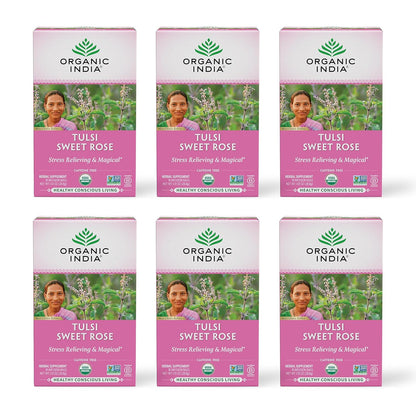 Organic India Tulsi Sweet Rose Herbal Tea - Holy Basil Leaf, African Basil, Chamomilie, Lemon Myrtle, Stress Relieving, Immune Support, USDA Certified Organic, Caffeine-Free - 18 Infusion Bags, 6 Pack