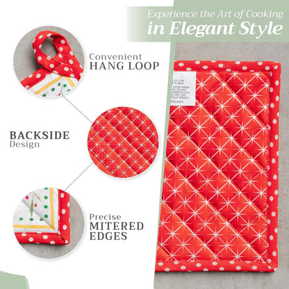 Maison d' Hermine Pot Holders Set 100% Cotton Heat Resistant Potholders 8" x 8" Hot Pads with Loop BBQ, Cooking, Baking, Grilling, Kitchen, Handling Hot Pans (Pack of 2, Poinsettia Christmas)