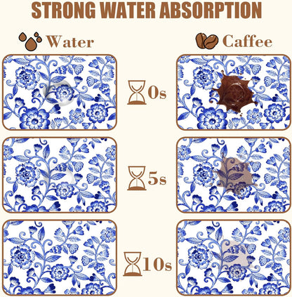 Dish Drying Mat Watercolor Blue Flowers Coffee Bar Mat for Countertop - Absorbent, Rubber Backed, Hide Stain Dish Drainer Rack - Coffee Maker Pot Dining Room Decor 15.7 x 23.6 Inch