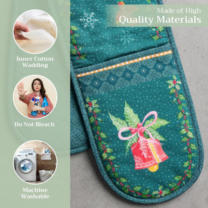 Maison d' Hermine Double Oven Mitts 100% Cotton 7"x35" Double Oven Mitt Heat Resistant BBQ Cooking Gloves with Loop, Baking, Grilling, Home, Kitchen, Handling Hot Pans (Hygge Christmas)