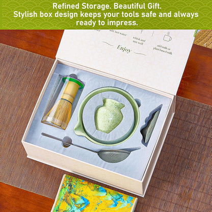 BeSoothe Matcha Whisk Set - Premium Matcha Set 7 Pcs - Ceremony Matcha Powder Kit - Matcha Tea Set for Making Latte - Matcha Whisk Set and Bowl with Scoop&Sifter, Ceramic Bowl - Gift for Matcha Lovers