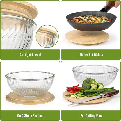 Stackable Space-Saving Nesting Set of 3 Glass Bowls with Bamboo Lids for Foodprep, Storage, Mixing & Cooking - Microwave & Oven Safe BPA Free Durable Heat Resistant Inert Borosilicate Glass
