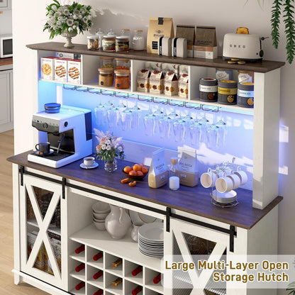 63"Wide 58"H Farmhouse Coffee Bar Cabinet with LED Light,Wine Bar Cabinet w/ 4 Storage Hutch,Kitchen Buffet Cabinet w/Sliding Barn Door & 15 Wine and Glass Racks for Kitchen Dining Room(Antique White)