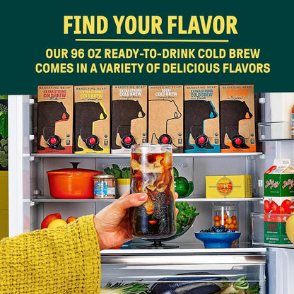 Wandering Bear Straight Black Organic Cold Brew Coffee On Tap, 96 fl oz - Extra Strong, Bold, Smooth, Unsweetened, Shelf-Stable, Ready to Drink, 100% Organic, Iced Cold Brewed Coffee Drinks