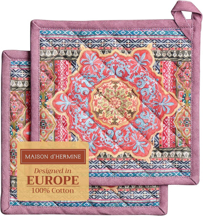 Maison d' Hermine Pot Holders Set 100% Cotton Heat Resistant Potholders 8" x 8" Hot Pads with Loop BBQ, Cooking, Baking, Grilling, Kitchen, Handling Hot Pans (Pack of 2, Ispahan)