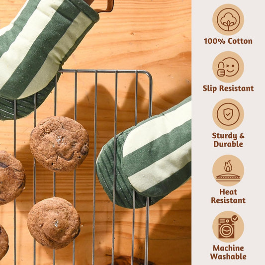 Folkulture Mini Oven Mitts Heat Resistant | (5.75 x9) Set of 2 Green Short Oven Mitts with Hanging Loop | 100% Cotton Oven Gloves | Kitchen Mittens, Matcha Small Silicone Oven Mits