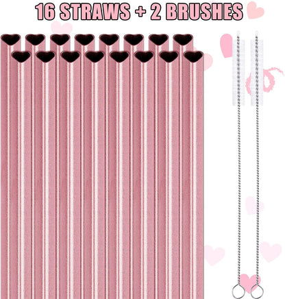 NiHome Reusable Straws 16 Pack, Stainless Steel Drinking Straws, Heart Shaped Metal Straw Bulks with 2 Cleaning Brushes for Smoothies Tumblers Cocktail MilkShake, Pearl Pink