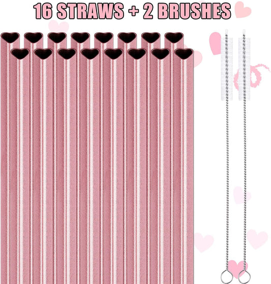 NiHome Reusable Straws 16 Pack, Stainless Steel Drinking Straws, Heart Shaped Metal Straw Bulks with 2 Cleaning Brushes for Smoothies Tumblers Cocktail MilkShake, Pearl Pink