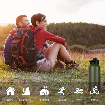 HASLE OUTFITTERS 32 oz Insulated Water Bottle Stainless Steel Double Walled Vacuum Sports Water Bottle with 2 Lids (Straw and Spout Lid) for Gym Camping Hiking（Army Green,1）