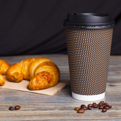 Promora Brown Disposable Coffee Cups With Lids 16 oz, Premium Insulated Paper Ripple Cups for Hot Coffee (80 Pack)