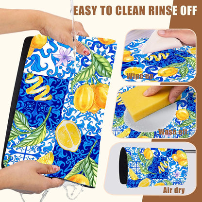 Lemon and Blue Tile Dish Drying Mat for Kitchen Counter Coffee Bar Mat Hide Stain Absorbent Rubber Backed Drying Rack Pad Espresso Machine Coffee Bar Accessories 11.8 x 19.7 Inch