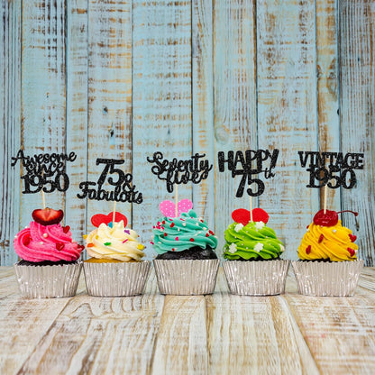 Gyufise 30 Pack black Glitter 75th Birthday Cupcake Toppers Vintage 1950 Cake Toppers Hello 75 Cake Topper Sixty Five 75 & Fabulous Cupcake Picks 75th Birthday Cake Decorations Supplies