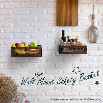 Wooden Countertop Baskets Set of 2 for Kitchen, Bathroom, Pantry|Wall Mount Upgrade with Full Accessories| Rustic Nesting Boxes|Wooden Organizer Crates for Fruit, Vegetables, Produce, Bread