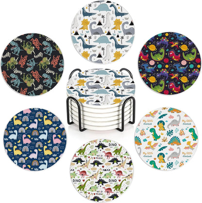 Drink Coasters Set of 6 with Holder, Dinosaur Absorbent Ceramic Drink Coaster for Tabletop Protection,Suitable for Kinds of Cups,Drinks Coasters for Home Office Decoration(4 Inches)