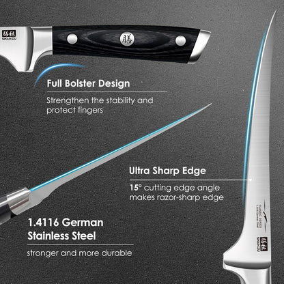 SHAN ZU Fillet Knife 7 Inch- Edge Deboning Fish and Meat Boning Knife, Professional Super Sharp Fish Knives Made of German Stainless Steel Boning Knives with Full Tang Handle