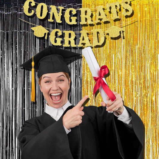 BRAVESHINE Black Gold Foil Fringe Curtain Backdrop - 2 Pack 3.2 x 8.2 ft Metallic Tinsel Photo Booth Streamers Curtains for 50th Birthdays Christmas New Years Anniversary Graduates Party Decorations