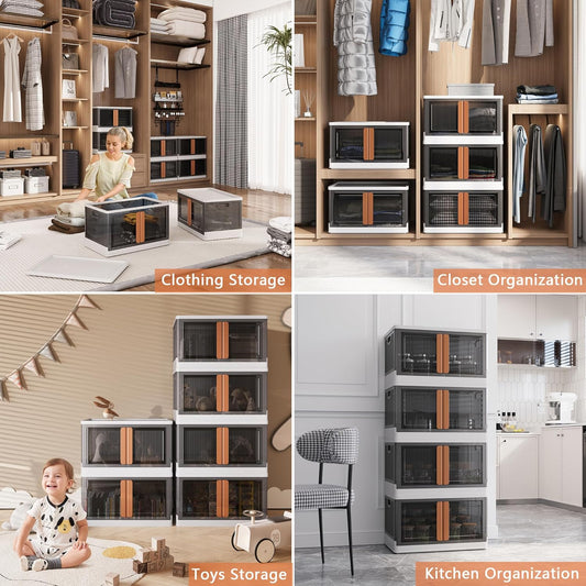 19Gal Collapsible Storage Bins with Lids & Wheels - 3 Pack Stackable with Doors, Heavy-Duty Plastic Containers for Home/Office, White