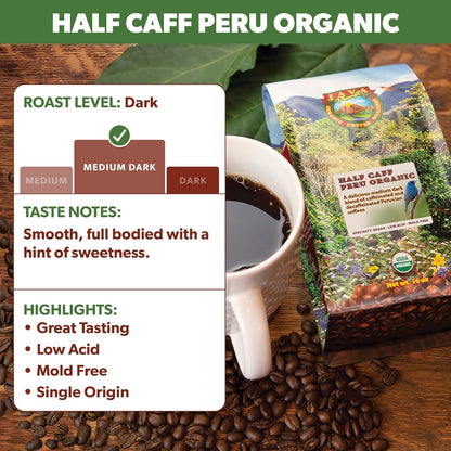 Low Acid Organic Coffee – Whole Bean, Mold-Free & Stomach Friendly by Java Planet, Peruvian Single Origin Half Caff Coffee, Medium Dark Roast, Arabica Gourmet Coffee Grade A, 1LB Bag