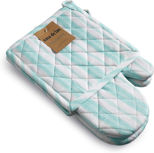 Oven Mitts & Potholder Set - Durable Heat Resistant Gloves - Thick Mittens for Kitchen - Suitable for Cooking, Baking, Grilling – BBQ - 2 Oven Mitts & 2 Potholders – Light Blue Stripes - Casa De Lan