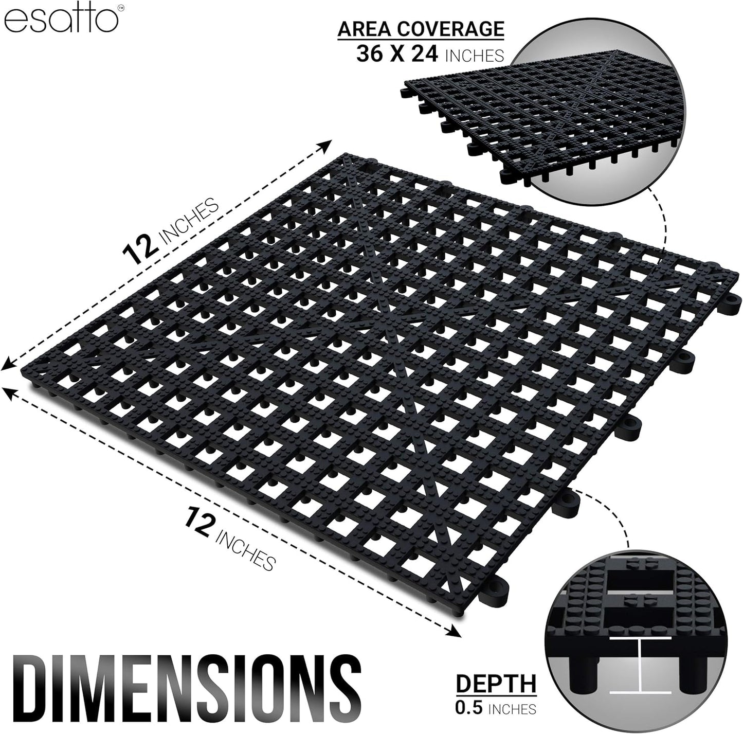 Esatto 12 Pack Interlocking Shelf Mats 12″, Black – for Spills, Clean Bars, Stain Protection, and an Anti-Slip Surface