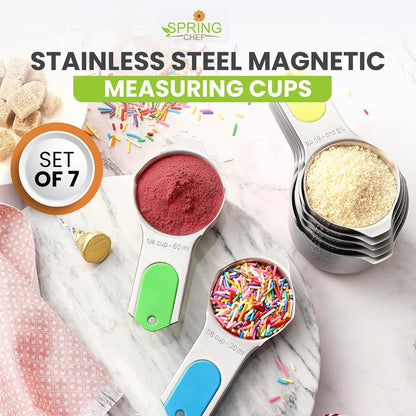 Spring Chef Magnetic Stainless Steel Measuring Cups (Patent Pending), Kitchen Tools with Easy to Read Markings for Measuring Dry or Liquid Ingredients, Set of 7, Neon