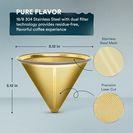 OVALWARE Paperless Stainless Steel Pour Over Coffee Filter – Reusable and Permanent Coffee Cone Dripper for Ovalware, Chemex, Hario and Other Carafes (Titanium Gold)