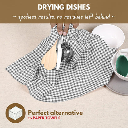 Native Fab 12 Pack Gingham Mini Check Kitchen Dish Towel Cotton Durable Washable 16"x26" - Tea Towels, Soft Absorbent Wash Cloths, Multi Purpose Towels with Hanging Loop - Grey White
