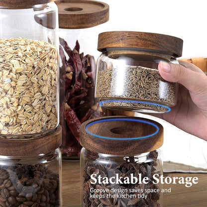 300ML/10Oz Clear Cute Glass Storage Canister Holder with Stackable Airtight Wood Lid, Modern Decorative Small Container Jar for Coffee, Spice, Candy, Salt, Cookie, Condiment, Pepper, Sugar