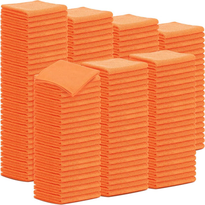 Tenare 100 Pack 12'' x 12'' Microfiber Cleaning Cloths Reusable Cleaning Rags Bulk Microfiber Towels Softer Highly Absorbent Washcloths for House Kitchen Car Window(Orange)