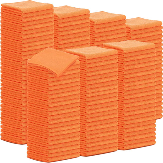 Tenare 100 Pack 12'' x 12'' Microfiber Cleaning Cloths Reusable Cleaning Rags Bulk Microfiber Towels Softer Highly Absorbent Washcloths for House Kitchen Car Window(Orange)