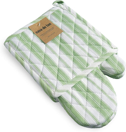 1 Oven Mitt, 1 PotHolder & 1 Kitchen Apron Set - Durable Heat Resistant Gloves - Thick Mittens for Kitchen - Suitable for Cooking, Baking, Grilling – Men & Women – Grass Green Stripes