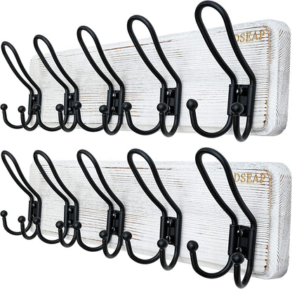 Dseap Coat Rack Wall Mounted - Heavy Duty Farmhouse Rustic Wall Coat Hanger with 5 Wire Hooks for Clothes Hat Jacket Towel, RusticWire, J1-5A, Whitewash & Black, Pack of 2