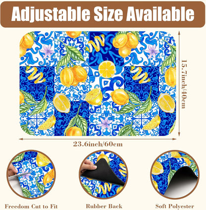 Lemon and Blue Tile Dish Drying Mat for Kitchen Counter Coffee Mat Hide Stain Absorbent Rubber Backed Dish Drainer Rack Pad Espresso Machine Coffee Bar Accessories 15.7 x 23.6 Inch