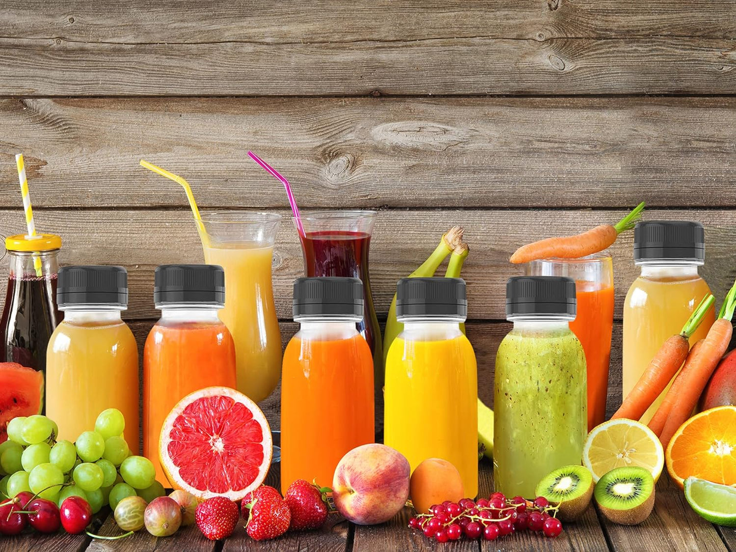 10 Pcs 8 oz Plastic Juice Bottle Reusable Transparent Bulk Beverage Containers with Black Lids for Juice, Drinking Milkshake Tea, Milk, Juicing Smoothie Water and Other Beverages, Fridge Storage