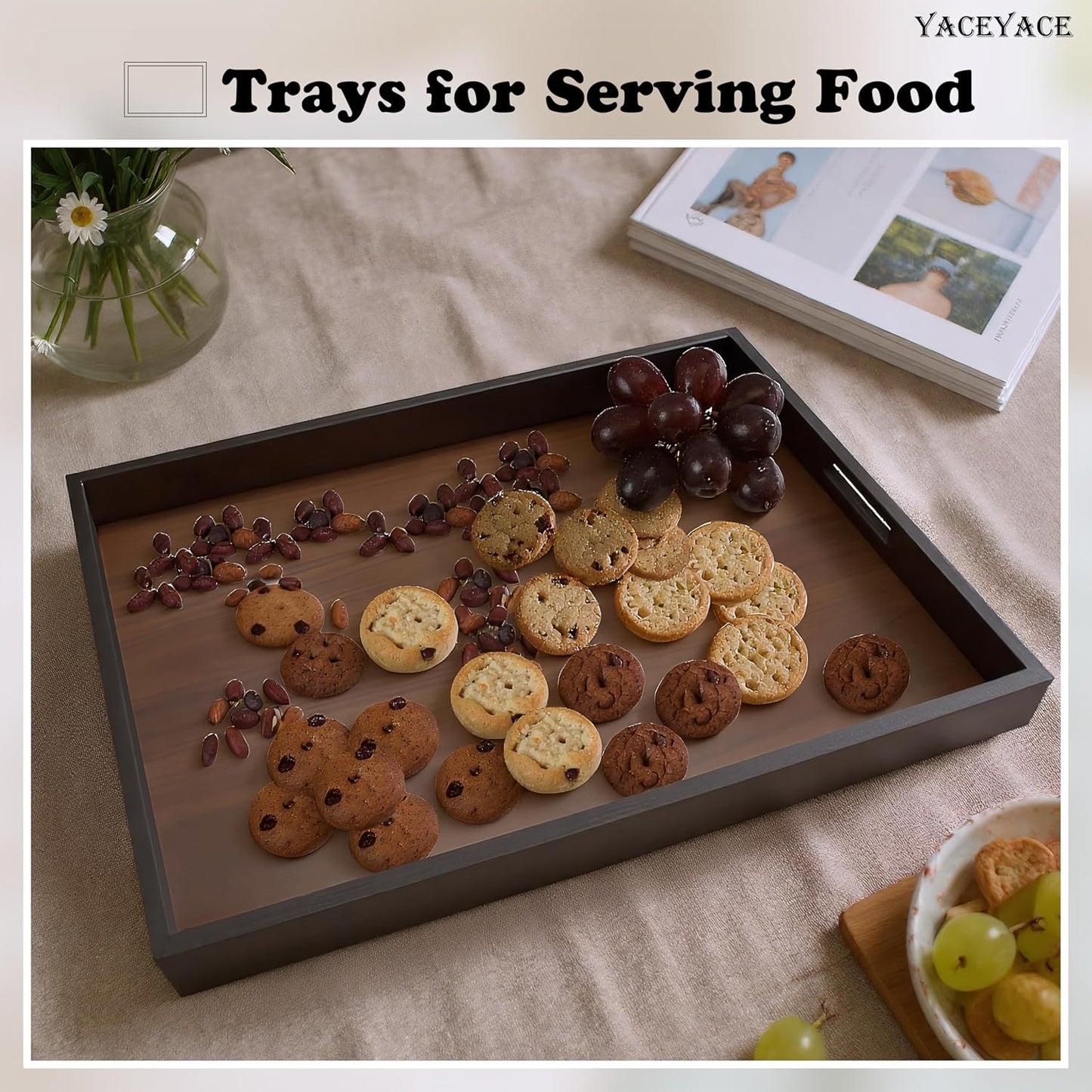 Wood Serving Tray Decor, 15"x10"x1.5" Medium Serving Tray for Party, Ottoman, Coffe Table, Bar, Breakfast in Bed, Dining, Home Decor
