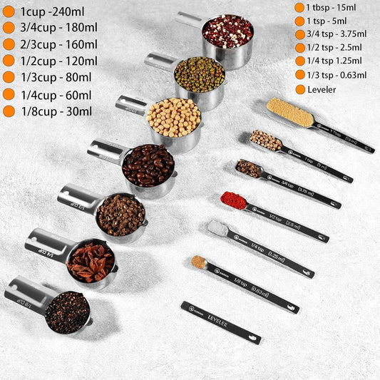 Measuring Cups and Spoons Set of 20 - Stackable Stainless Steel Measuring Cups Spoons & Plastic Measuring Cup for Dry and Liquid Ingredients, Cooking & Baking Kitchen Gadgets