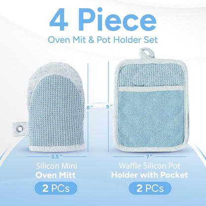 Casa Platino BBQ Gloves & Potholders Set, 4Pc Kitchen Mitts for Oven & Baking, Pot Holder for Hot Pots & Dishes – Heat Resistant Up to 500°F, Non-Slip & Machine Washable – Cornflower