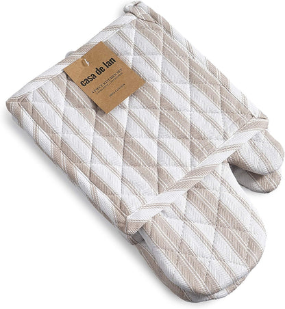 Oven Mitts & Potholder Set - Durable Heat Resistant Gloves - Thick Mittens for Kitchen - Suitable for Cooking, Baking, Grilling – BBQ - 2 Oven Mitts & 2 Potholders – Taupe Stripes - Casa De Lan