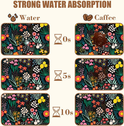 Dish Drying Mat Doodle Flower Meadow Coffee Bar Mat for Countertop Absorbent Rubber Backed Hide Stain Dish Drainer Rack Pad Coffee Pot Espresso Machine Dining Room Decoration 15.7 x 23.6 Inch