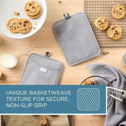 TOWN & COUNTRY BASICS Basketweave Soft Silicone Pot Holder 2-Pack Set, Heat Resistant up to 500F, Flexible Silicone, Non-Slip Grip, Grey, 7.5"x10"