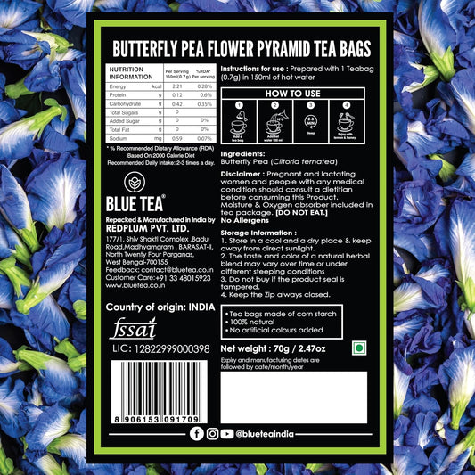 BLUE TEA - Butterfly Pea Flower Tea - 100 Count - Pyramid Plant Based Tea Bag | ANTIOXIDANT RICH | Tea Gift - Herbal Tea - Flower Based - Caffeine Free - Non-Bitter | Zipper Pack